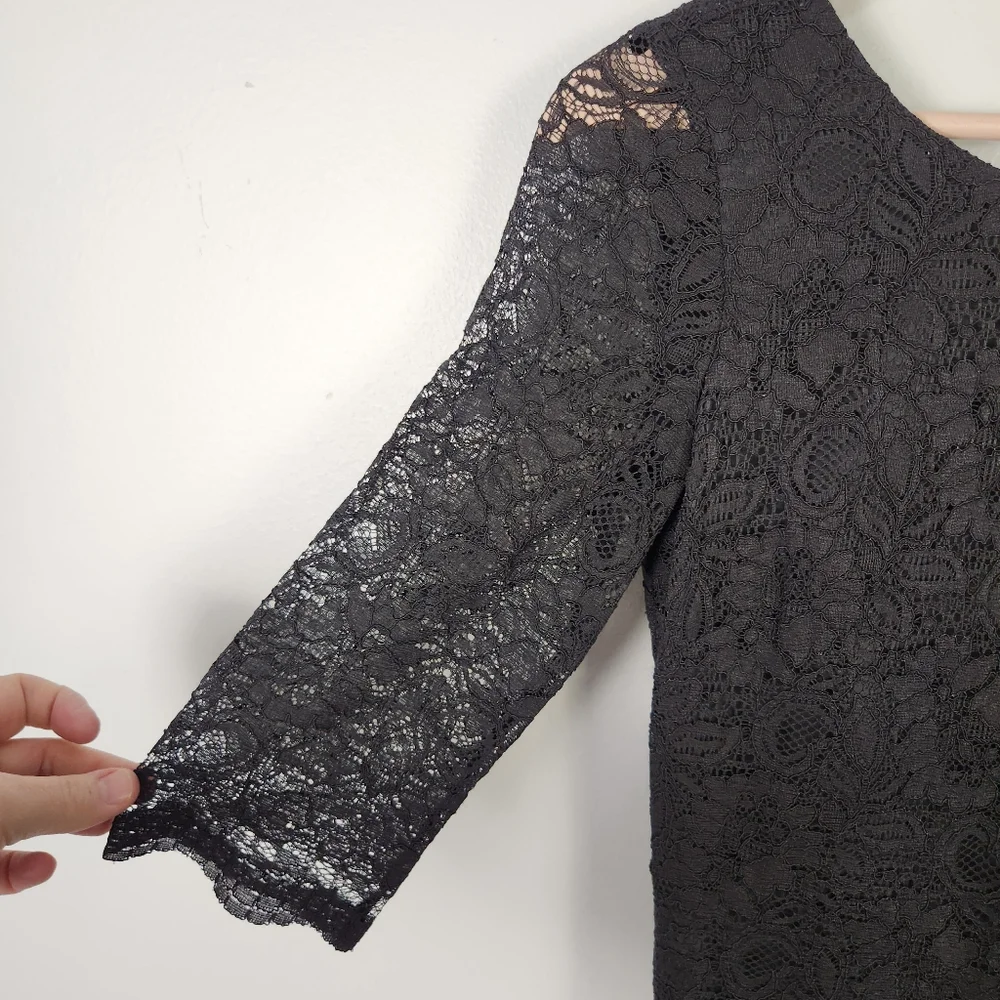 NWOT Banana Republic Black Lace Sheath Dress 3/4 Sleeve Scallop Hem Size 0 #0603